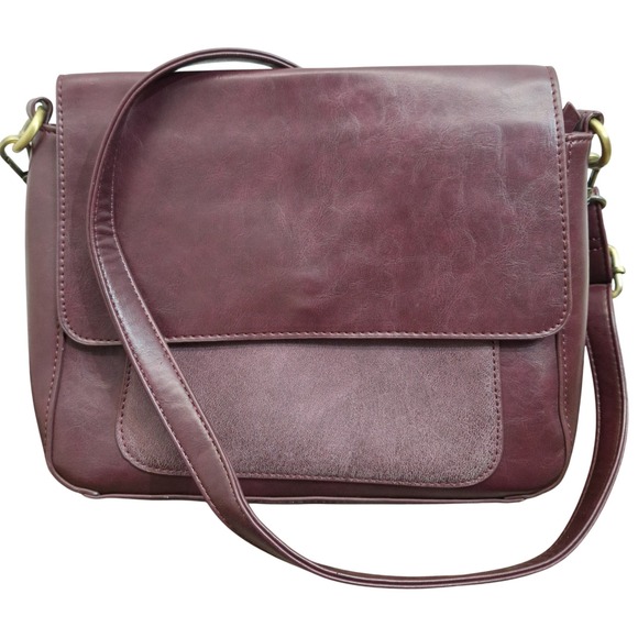 Joy Susan Handbags - Joy Susan Burgundy Vegan Leather Crossbody Bag Faux Suede Flap Messenger Purse